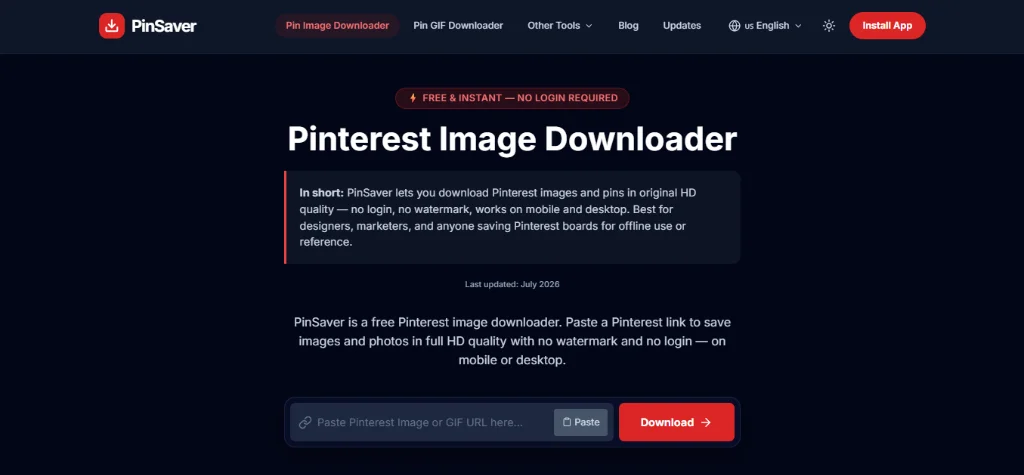 Pasting the copied Pinterest URL into the PinSaver download input field