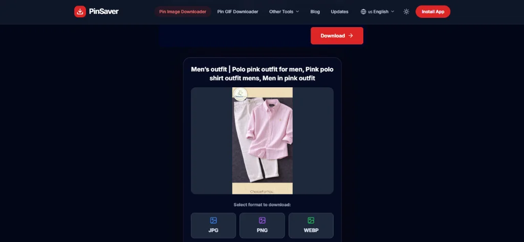 Choosing JPG, PNG, or WEBP download format and saving the HD Pinterest image